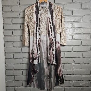 Ania A Womens Cardigan Medium Gold Metallic Lace Tie Dye Open Front High Low Hem